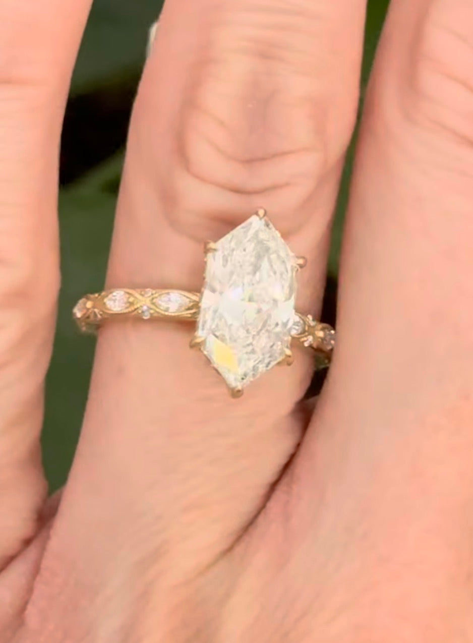 Yellow gold IGI certified 3.06ct duchess cut lab diamond and marquise and round lab diamond ring. Duchess cut measures 14.04x7.01x4.71mm