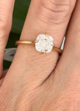 IGI certified yellow gold cushion and round lab diamond ring. Center stone is 1.57cts