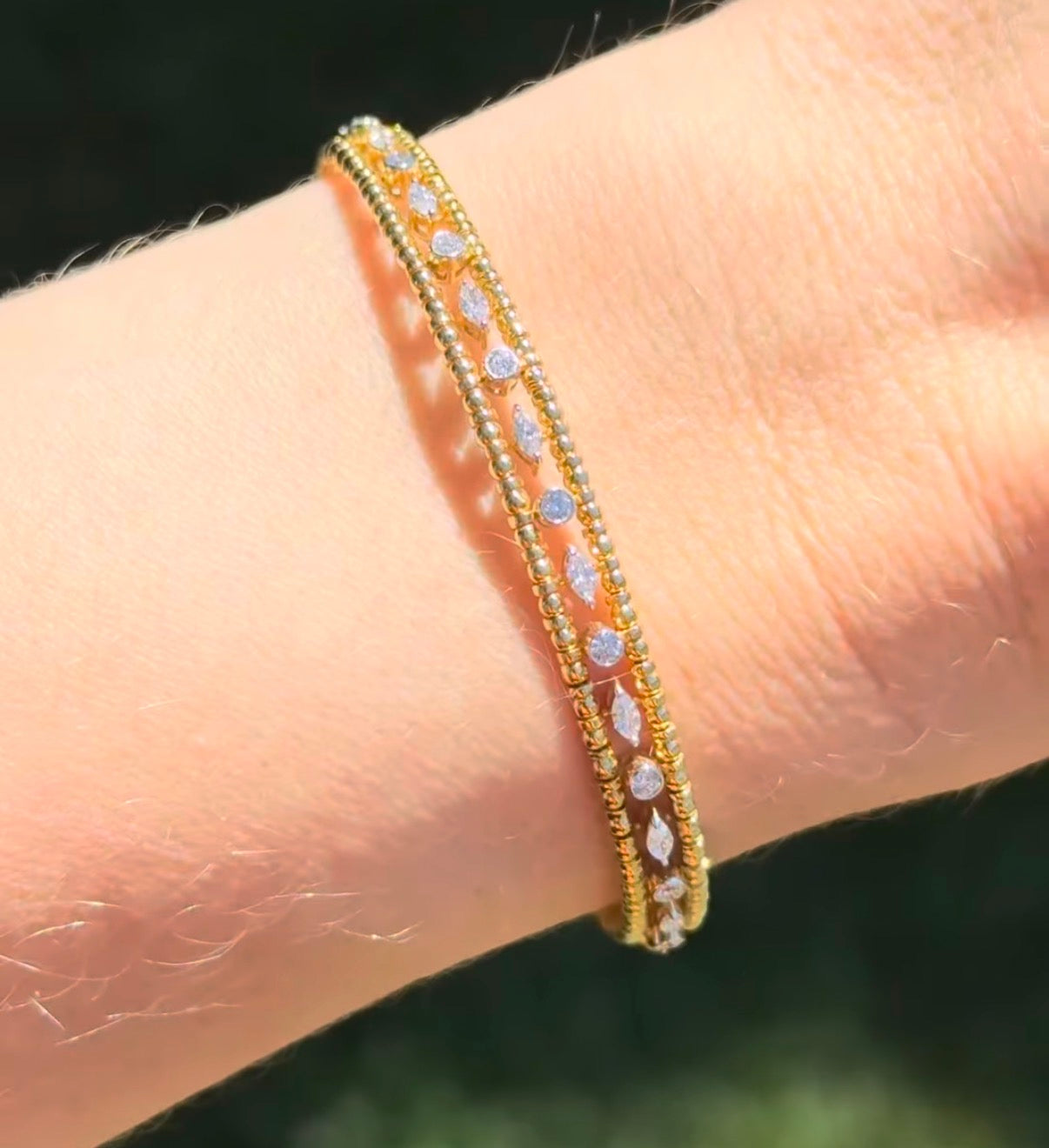 Yellow gold marquise and round lab diamond flex cuff