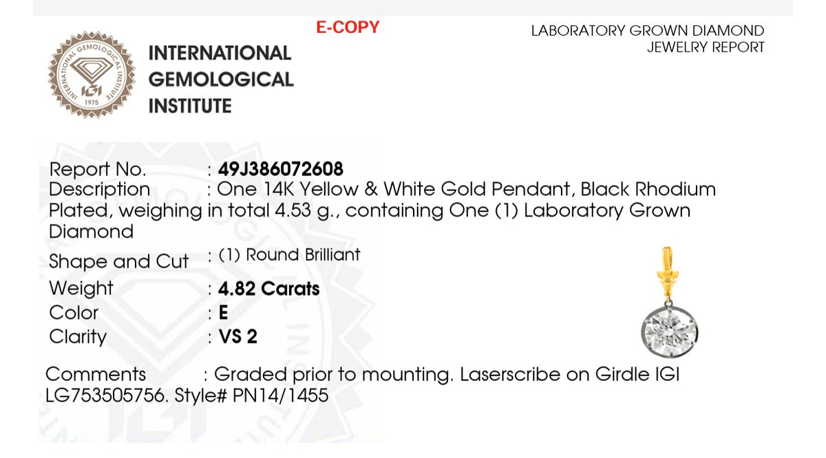 IGI certified 4.82ct lab diamond pendant