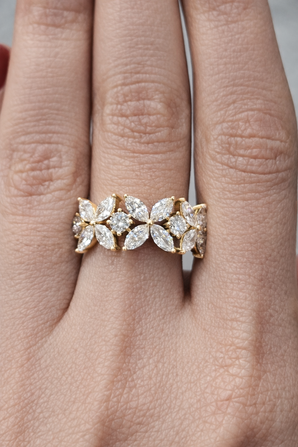 Yellow Gold Flower Marquise & Round Diamond Ring