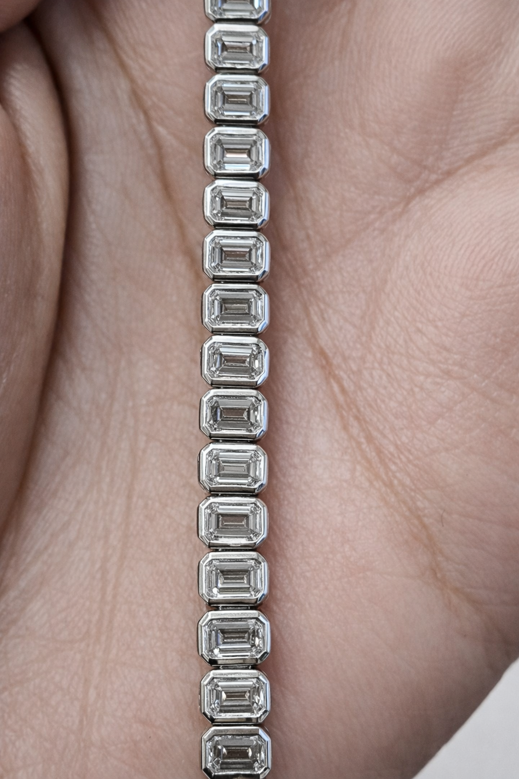 9.44ct Emerald Bezel Set White Gold 6.75" Lab Bracelet