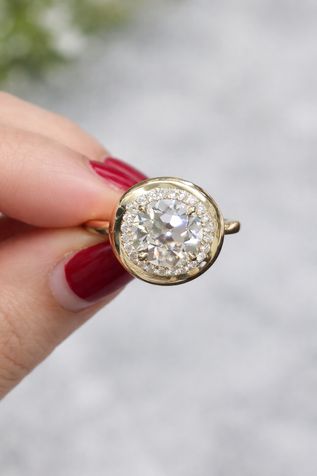 Bubble Halo Ring with Old European Cut Lab Diamond In 14K Yellow Gold