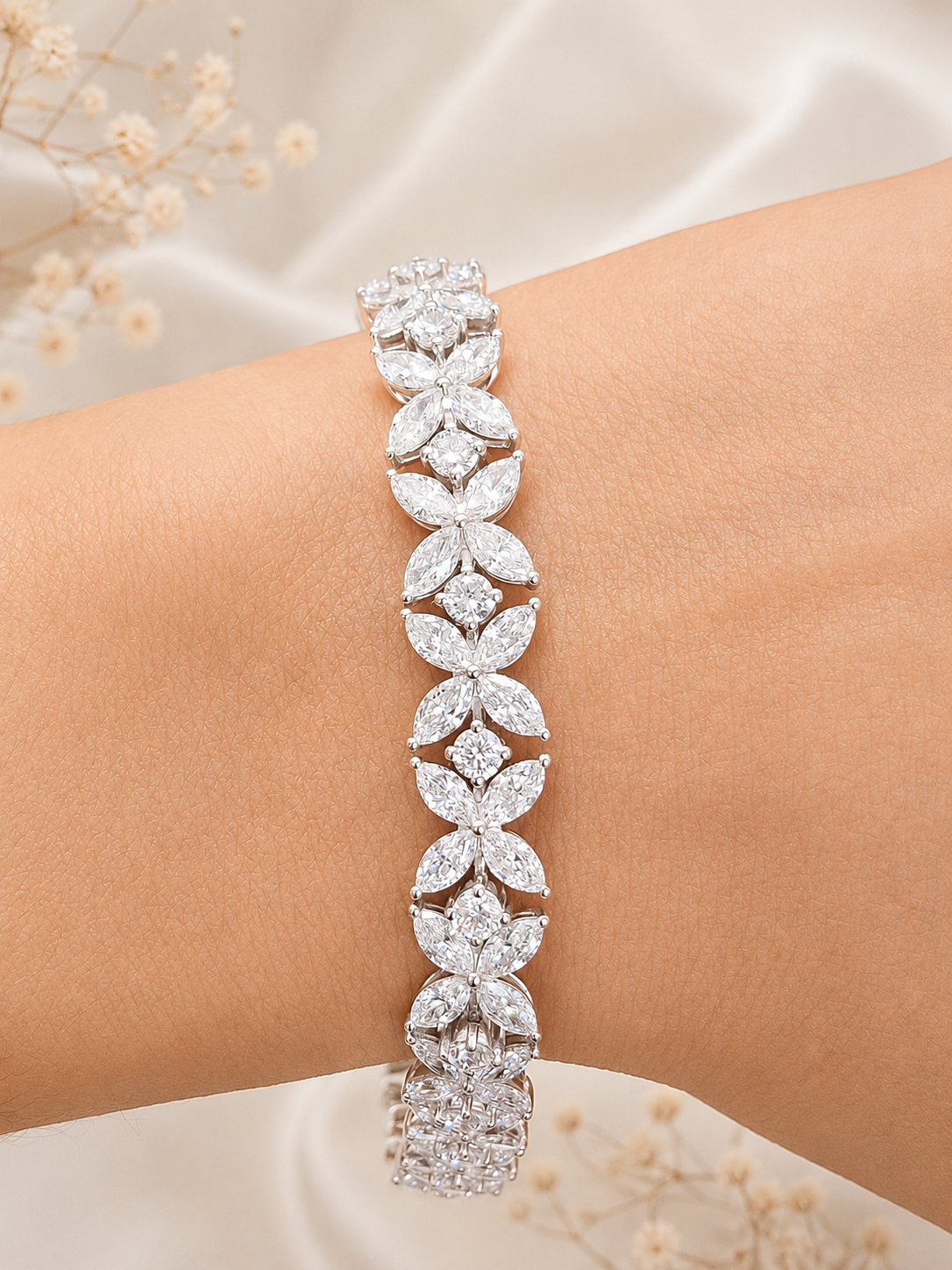 White Gold 12.02cttw Flower Lab Diamond 7" Bracelet