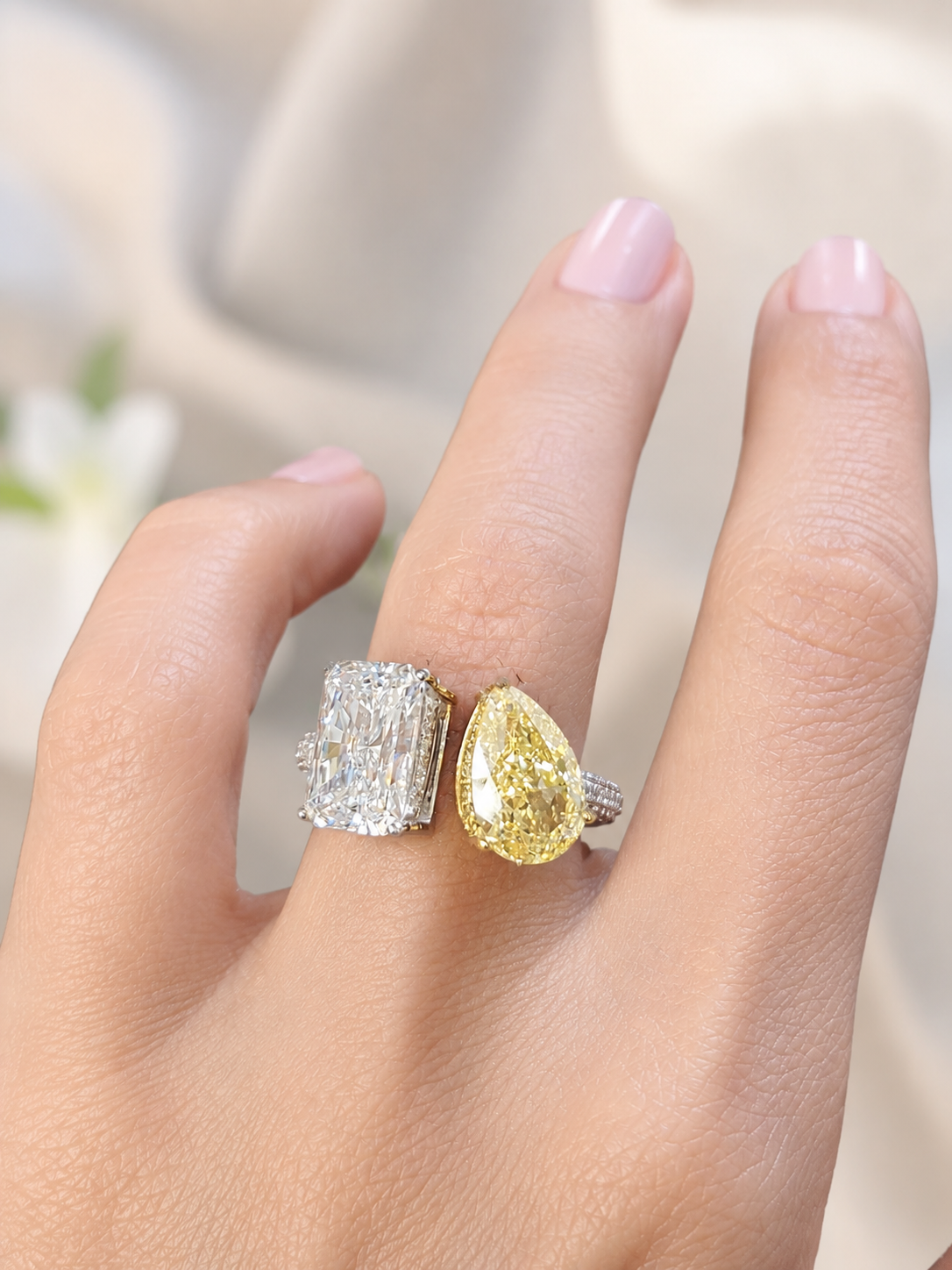EGL Certified 6.04cttw Two tone Pear & Radiant Lab Diamond Ring