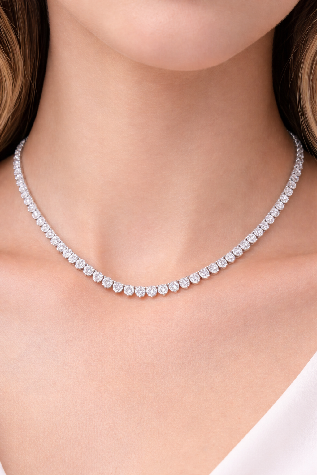 White Gold 3 Prongs 16" Lab Diamond Necklace