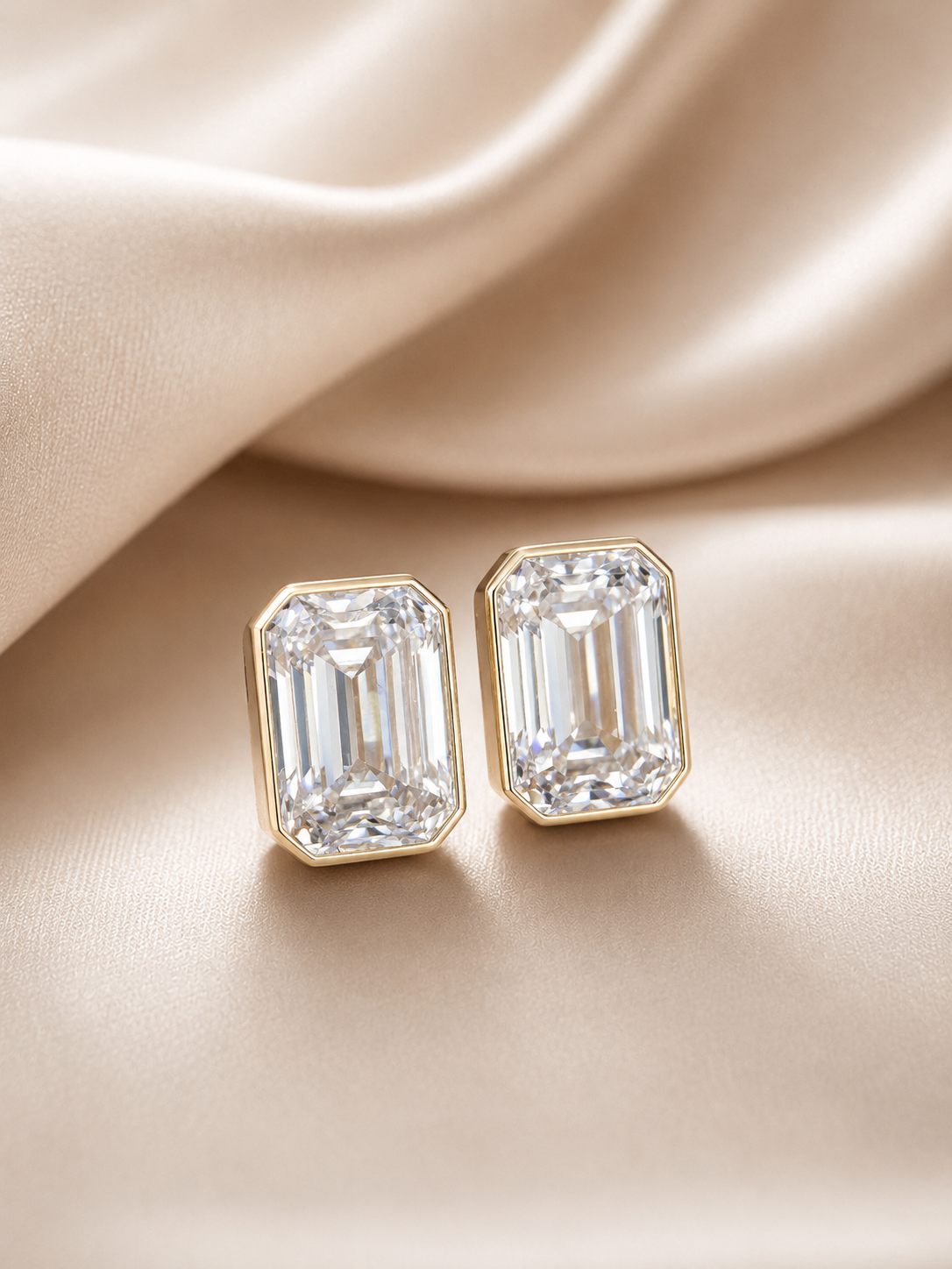 IGI 2.54ct + 2.54ct Emerald Cut Bezel Stud in Yellow Gold