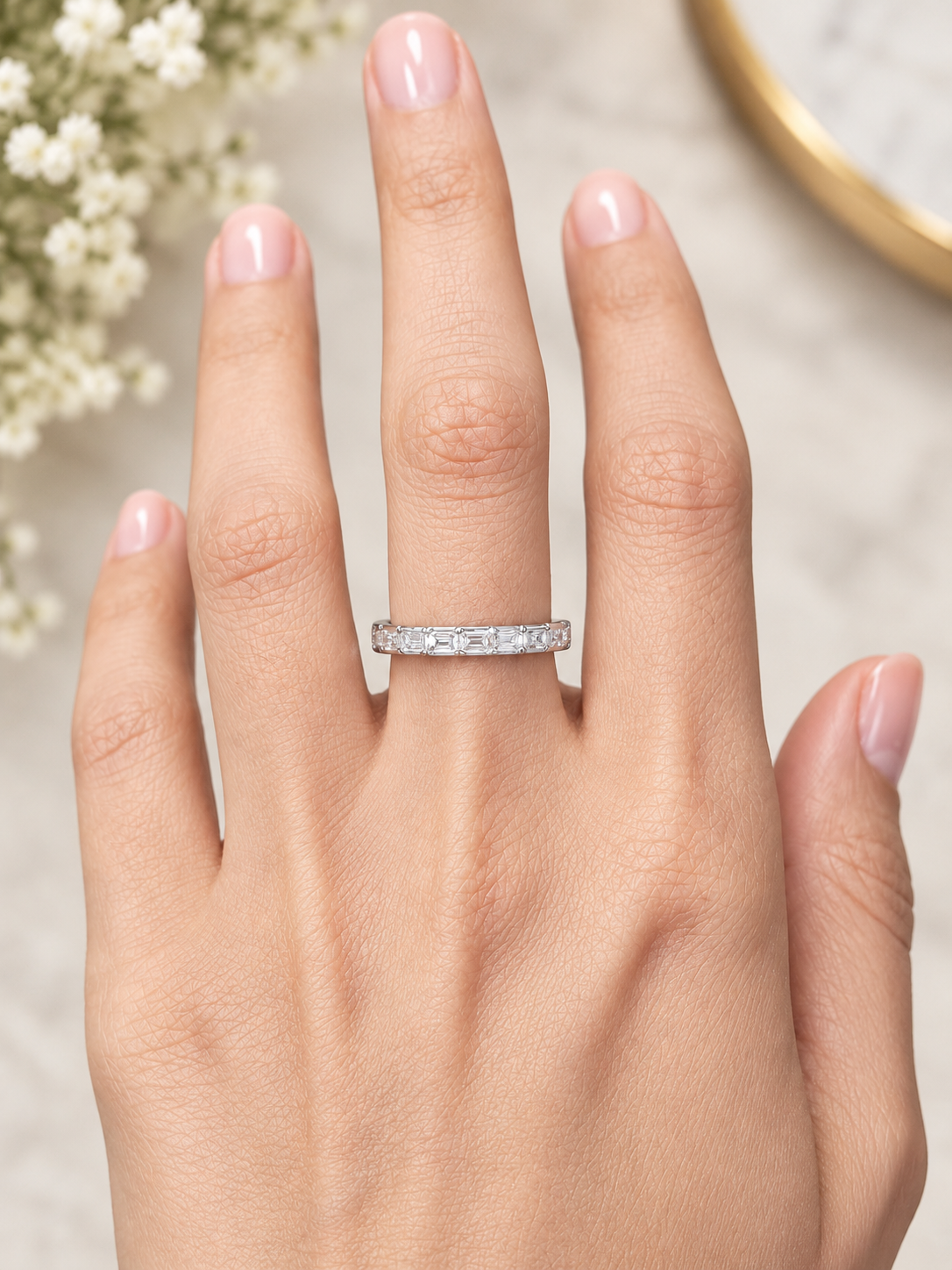 Custom Made 14K White Gold Bezel Set E/W Half way Emerald Lab Diamond Eternity Band