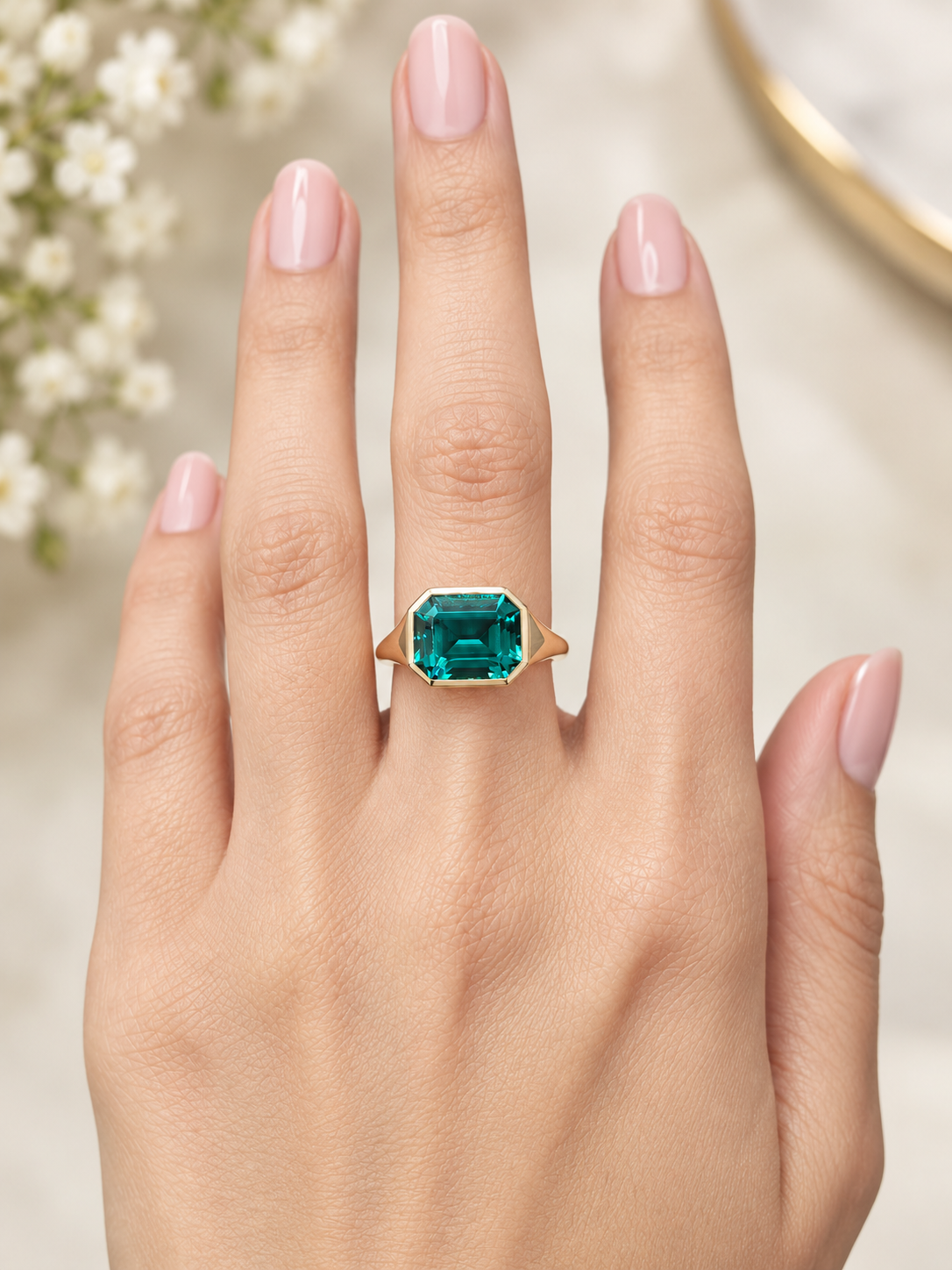 3Cttw Lab Emerald E/W Bezel Set Ring