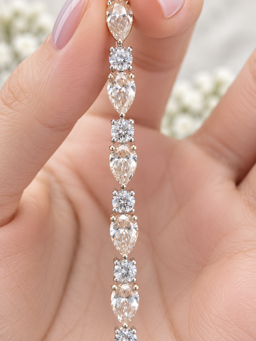 Egl Certified 10.21cttw Fancy orangy Pink Pear & White Round Lab Diamond 7" Bracelet
