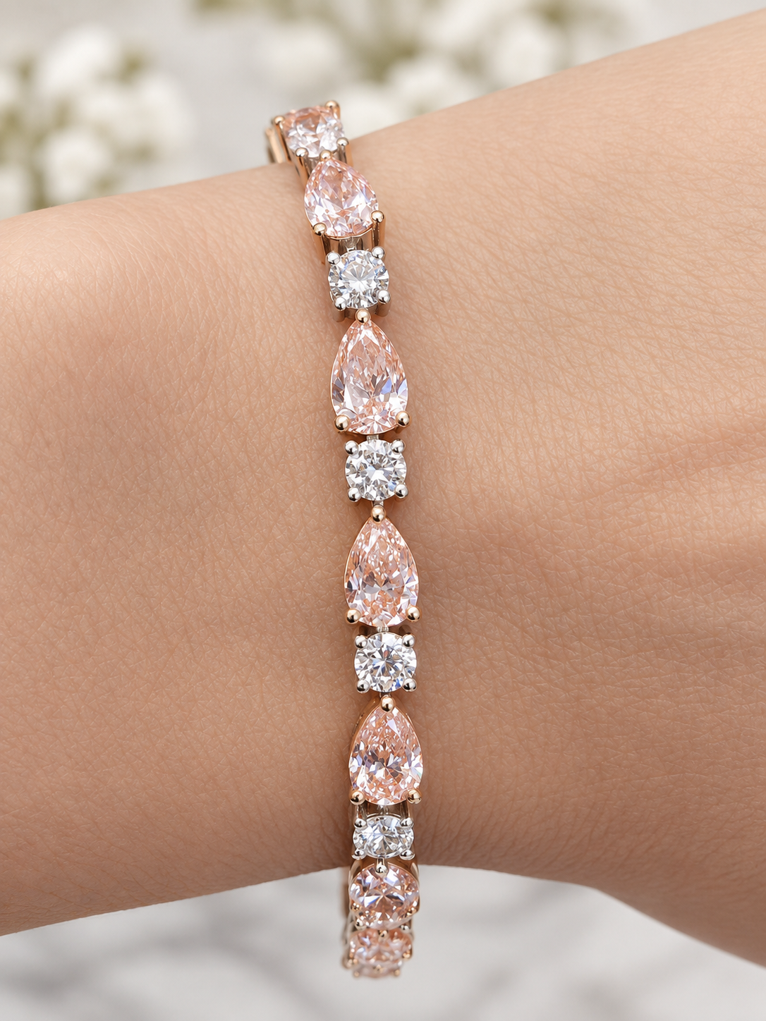 Egl Certified 10.21cttw Fancy orangy Pink Pear & White Round Lab Diamond 7" Bracelet