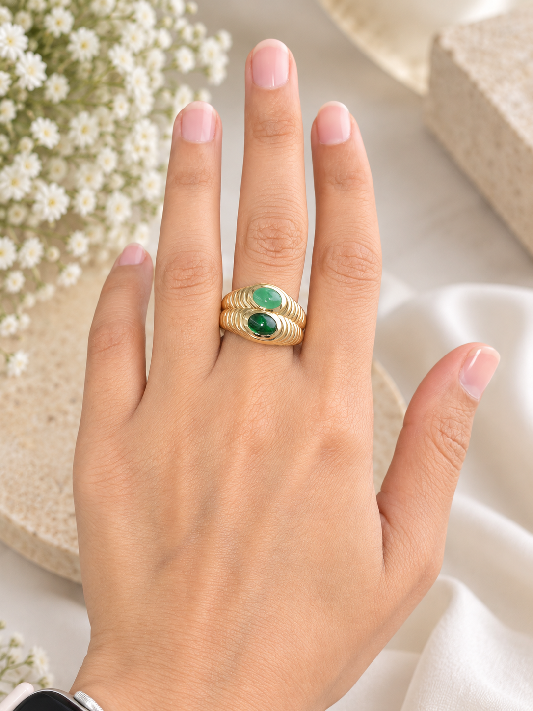 Tsvorite & Jade Yellow Gold Natural Colorstones Ring