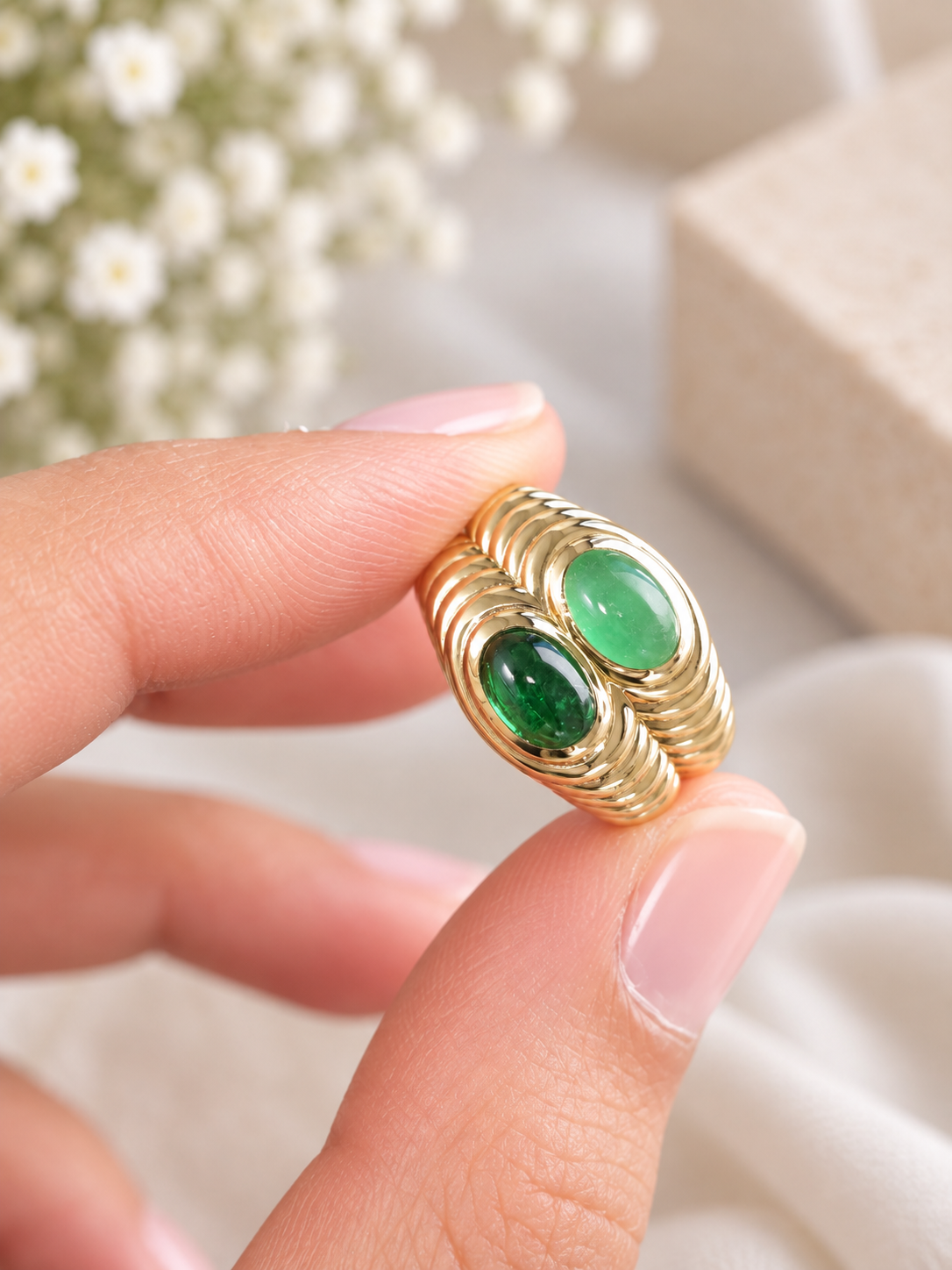 Tsvorite & Jade Yellow Gold Natural Colorstones Ring