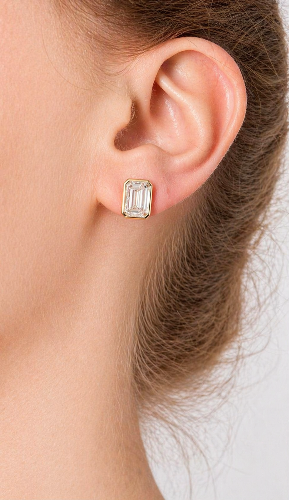 Yellow Gold Bezel Set Emerald Lab Diamond Stud