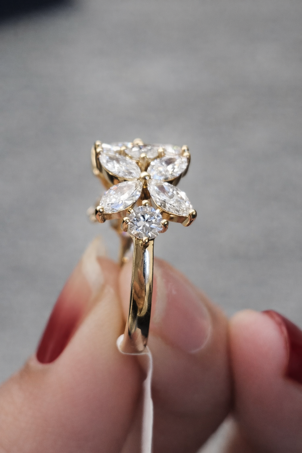 Yellow Gold Flower Marquise & Round Diamond Ring