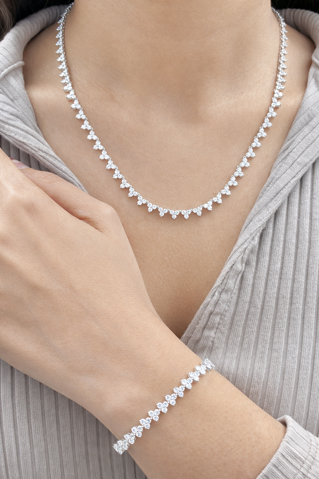 Floral Tennis Bracelet & Necklace 14k White Gold Round Lab Diamonds