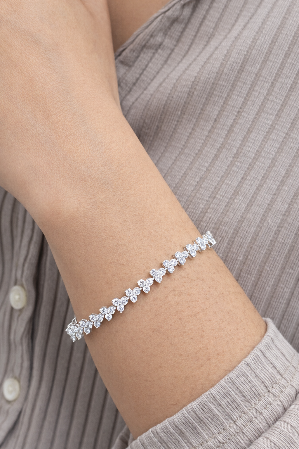 Floral Tennis Bracelet & Necklace 14k White Gold Round Lab Diamonds