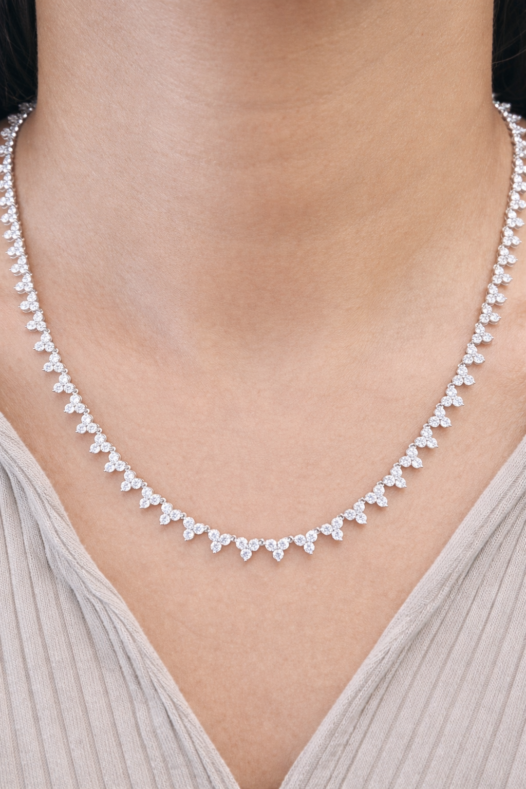 Floral Tennis Bracelet & Necklace 14k White Gold Round Lab Diamonds