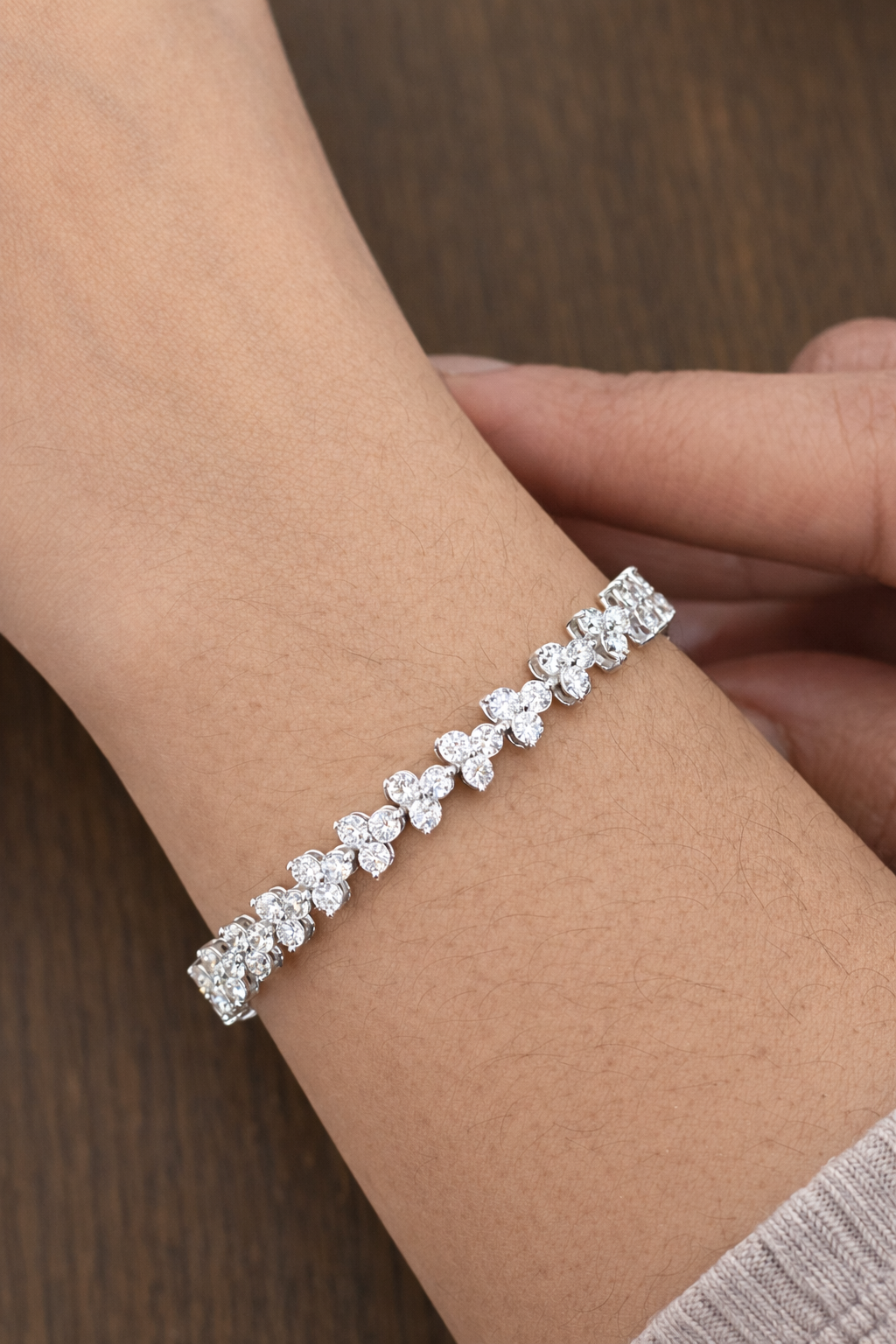 Floral Tennis Bracelet & Necklace 14k White Gold Round Lab Diamonds