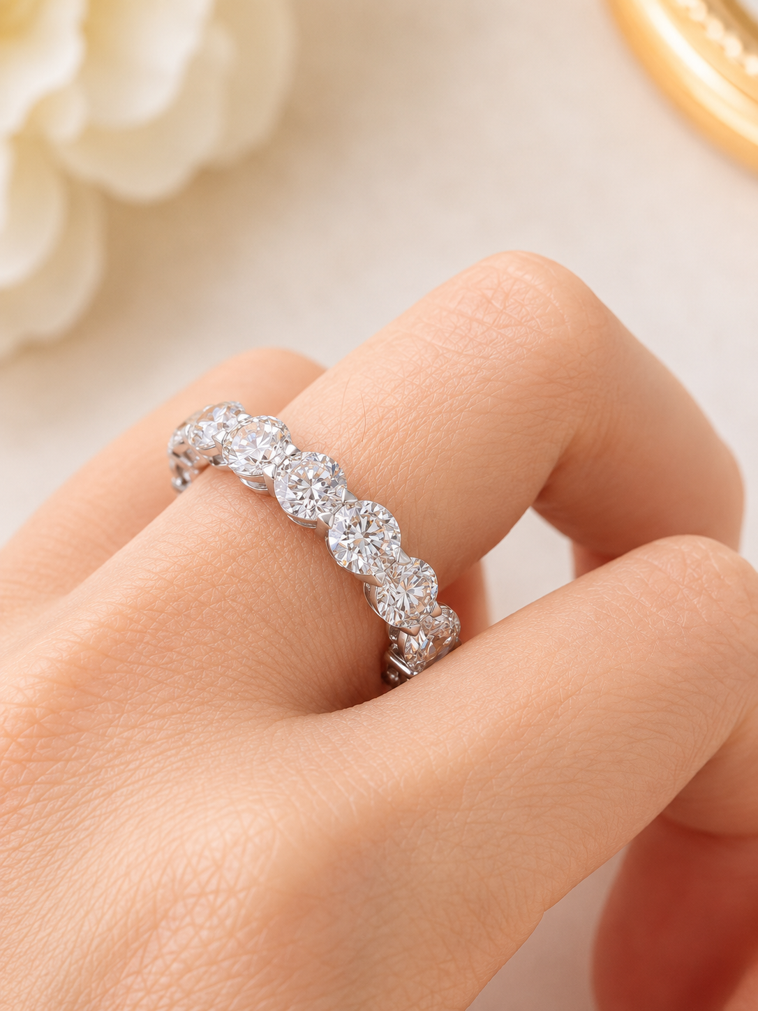 5.58cttw White Gold Half Emerald Half Round Lab Diamond Eternity Band