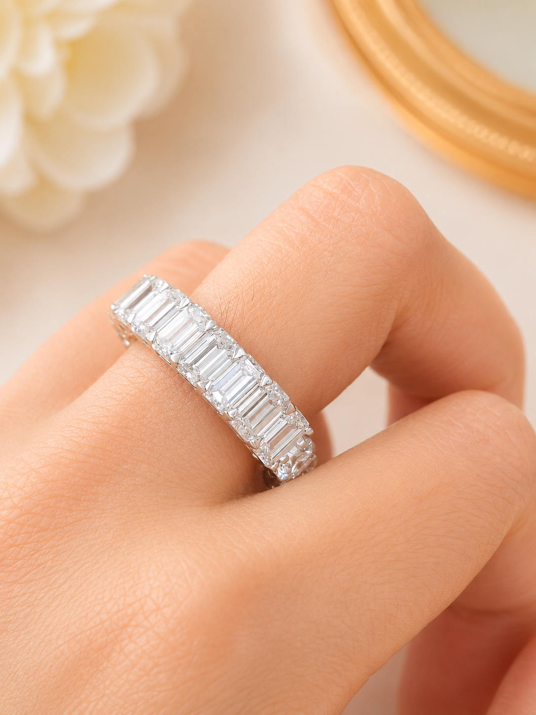 5.58cttw White Gold Half Emerald Half Round Lab Diamond Eternity Band