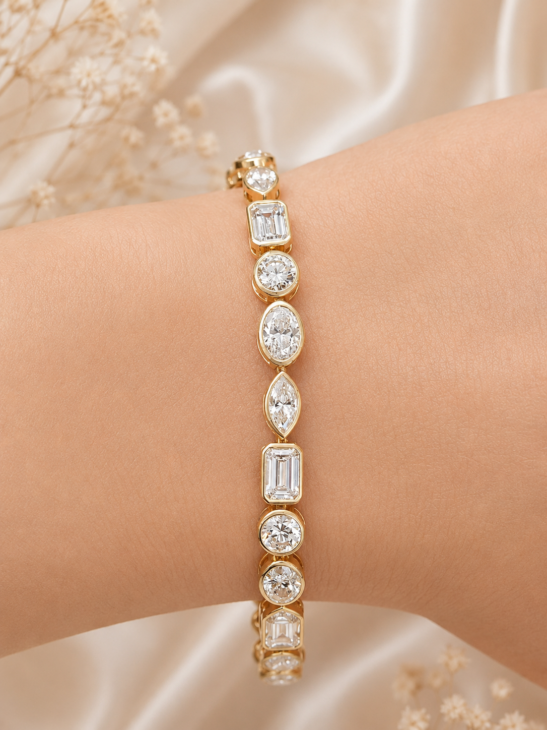 Yellow Gold Multi Shaped Lab Diamond 7" Bracelet