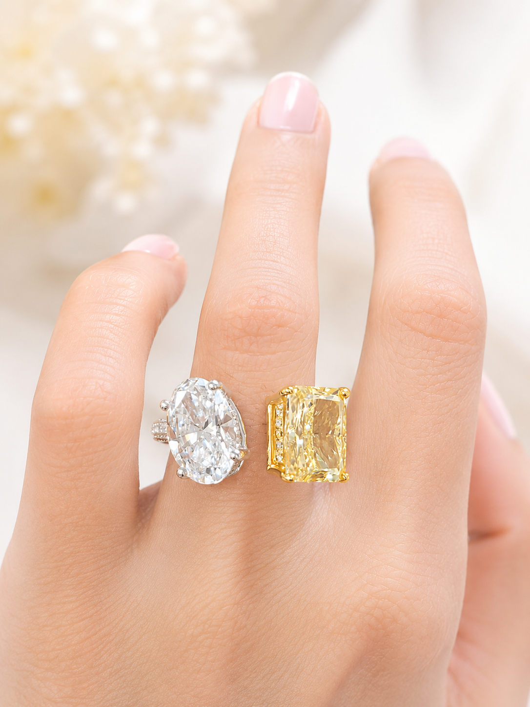 EGL Certified 6.17cttw Two Tone Yellow Radiant & White Oval Lab Diamond Ring