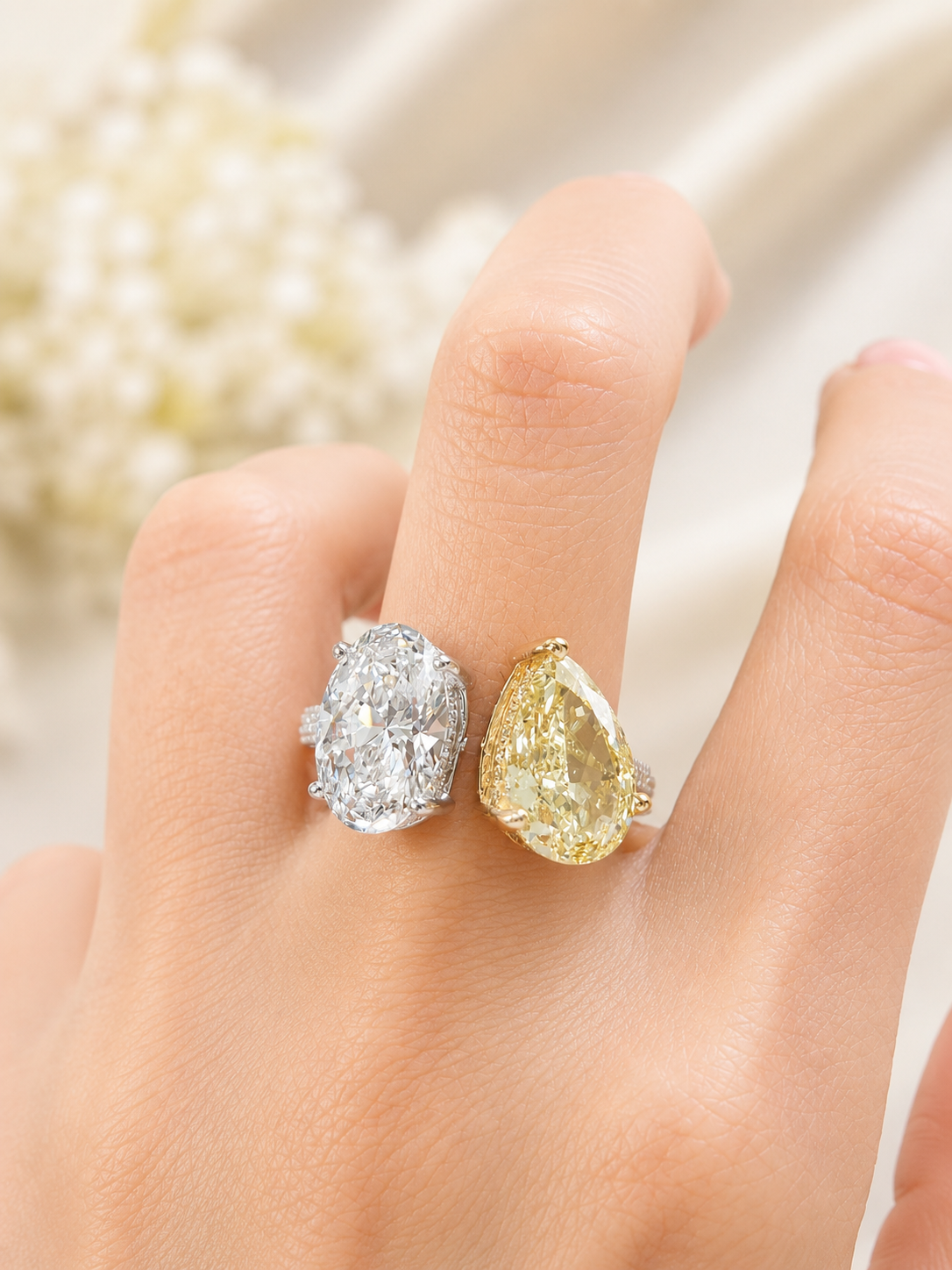 EGL Certified 6.74cttw Two Tone Yellow Pear & White Oval Lab Diamond Ring