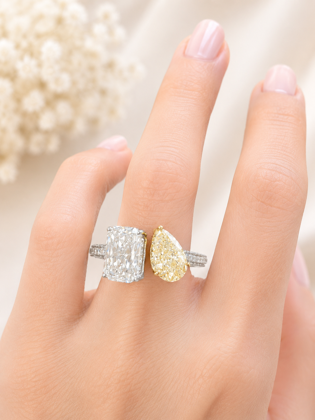 EGL Certified 3.07cttw Two Tone Yellow Pear & White Radiant Lab Diamond Ring