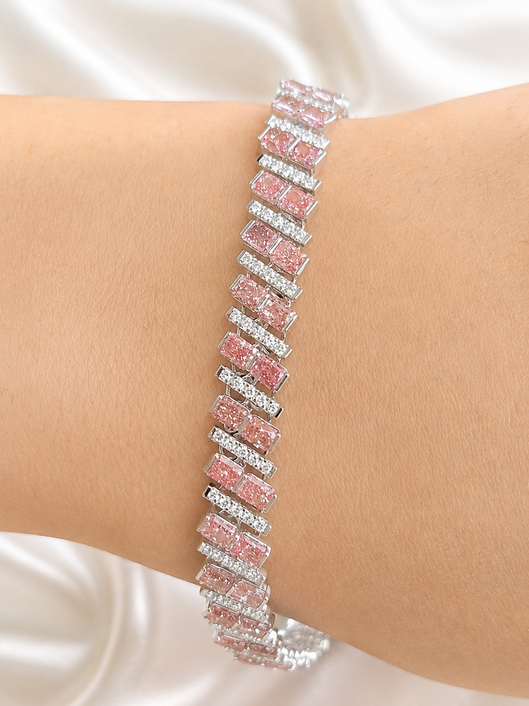 11.58Cttw White Gold Pink Radiant Shaped Lab Diamond 7.25" Bracelet