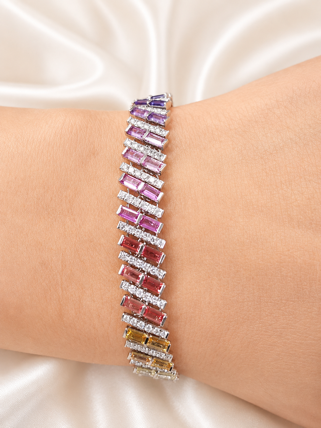 10.22cttw White Gold Colored Bagutte Shaped Lab Diamond 7" Bracelet