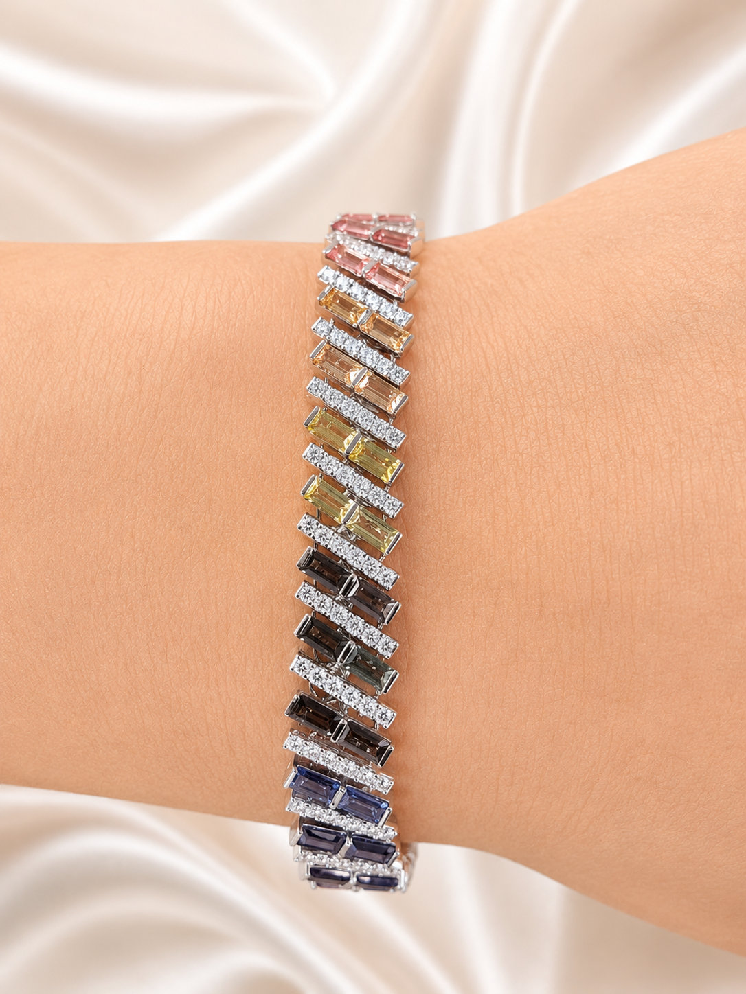 10.22cttw White Gold Colored Bagutte Shaped Lab Diamond 7" Bracelet
