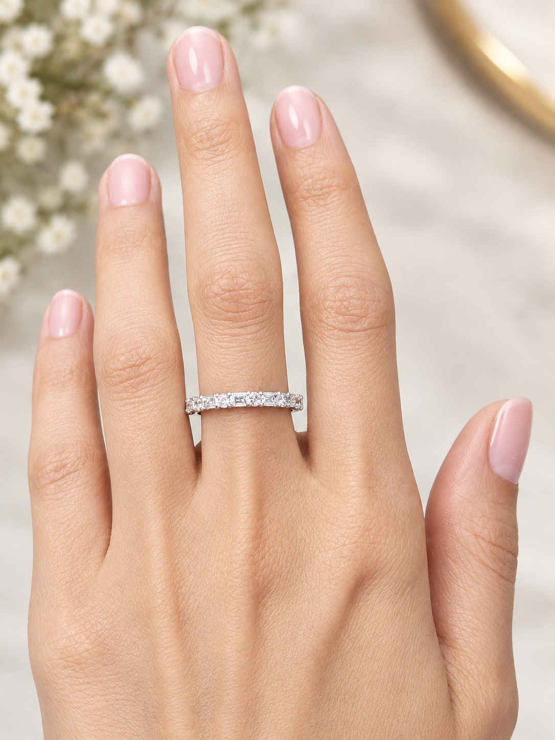 14K White Gold Round & Emerald Half Way Eternity Band
