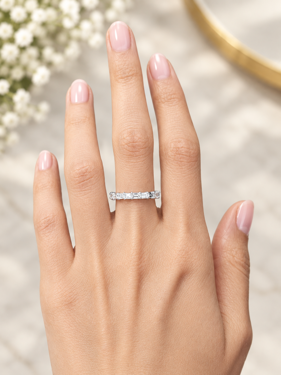 Custom Made 14K White Gold Emerald Half way Eternity Band