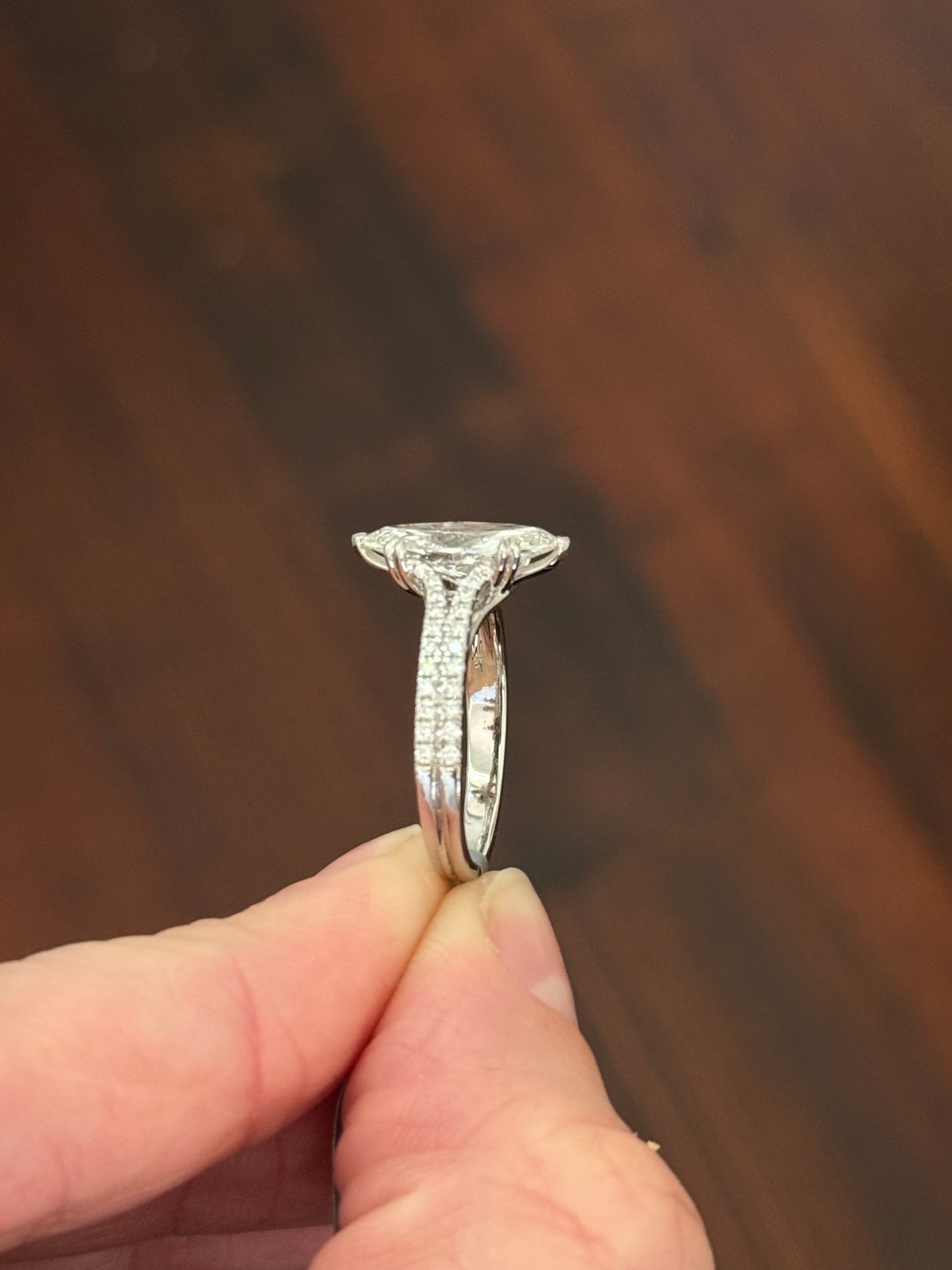 White gold marquise and round lab diamond ring