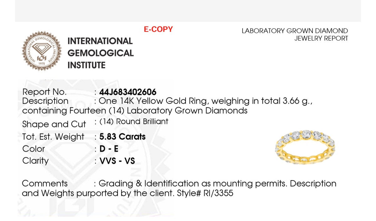 IGI certified 5.83ct lab diamond eternity band