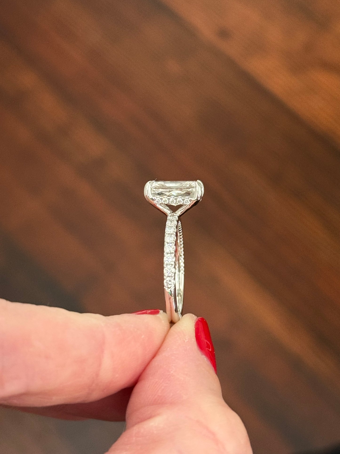 White gold radiant lab diamond ring. Center stone is IGI certified and 3.0cts E VVS2