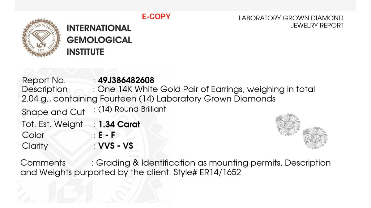 IGI certified white gold 1.34ct lab diamond earrings with push back