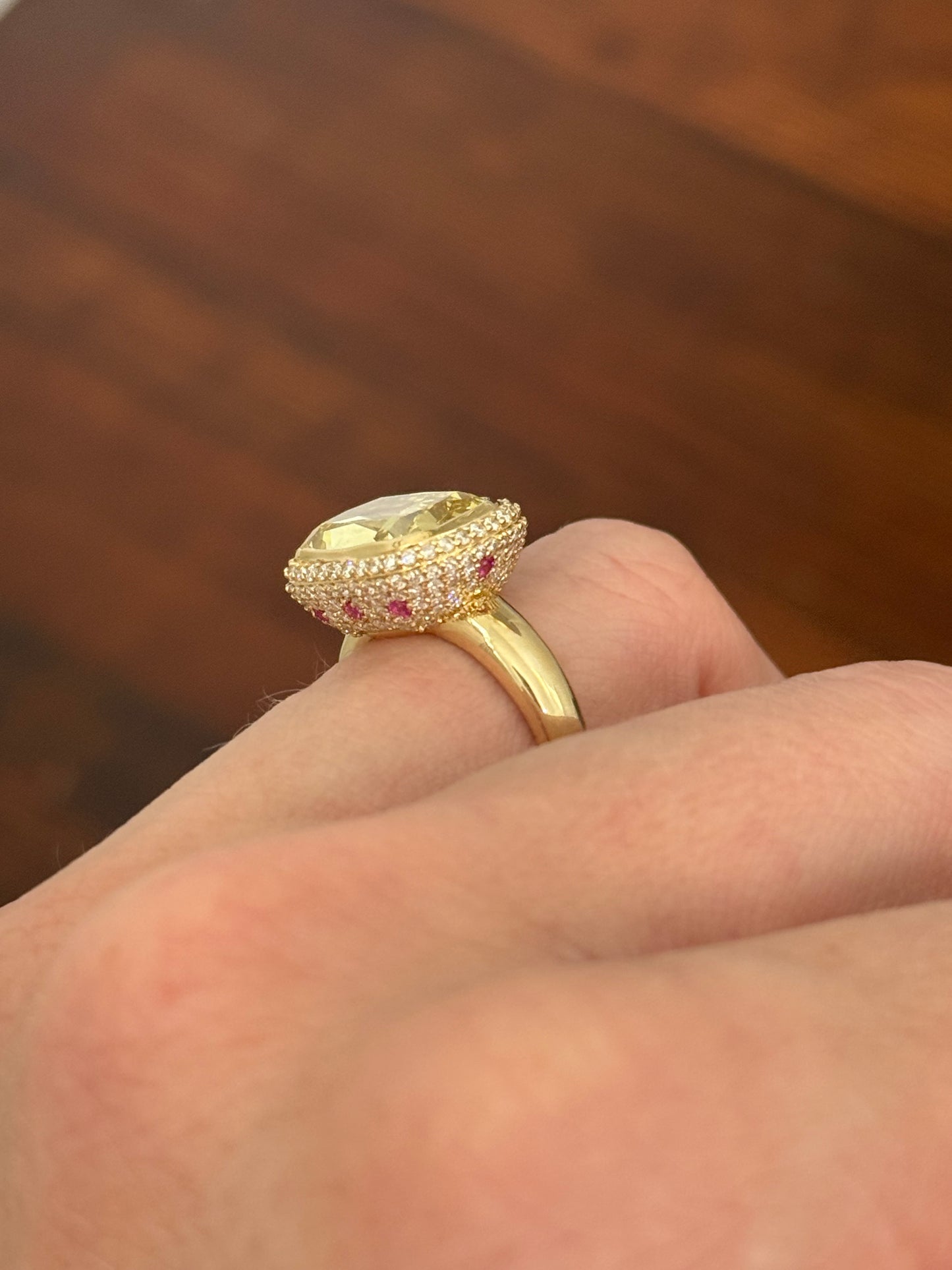 Yellow gold east west set cushion cut yellow lab diamond and white lab diamond and lab ruby ring