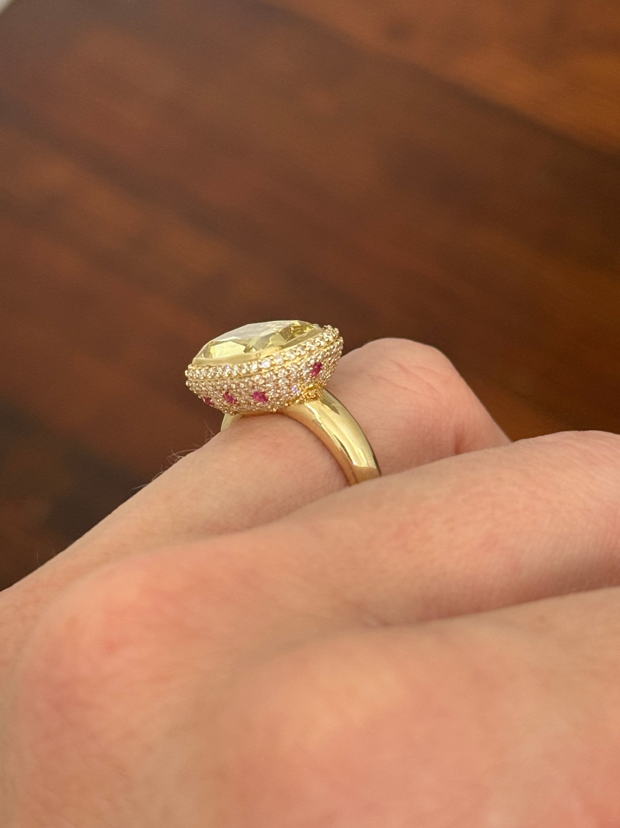 Yellow gold east west set cushion cut yellow lab diamond and white lab diamond and lab ruby ring