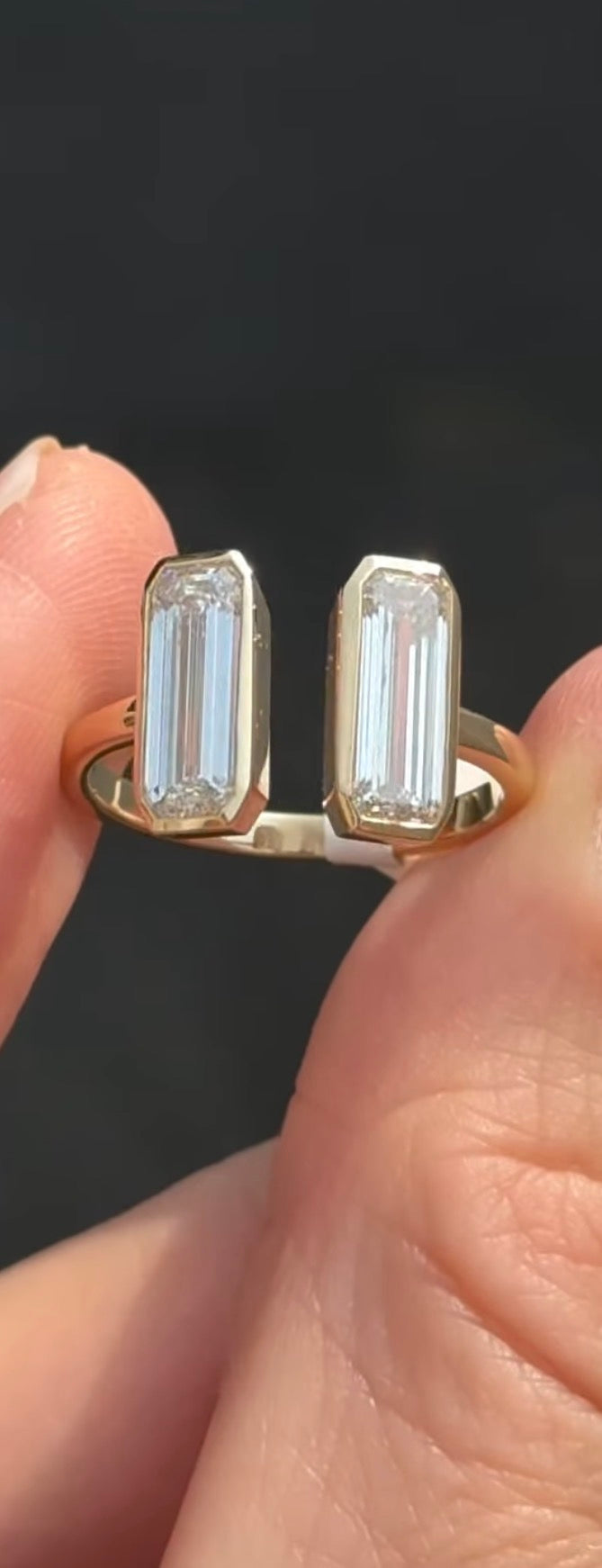 Yellow gold bezel set baguette lab diamond ring