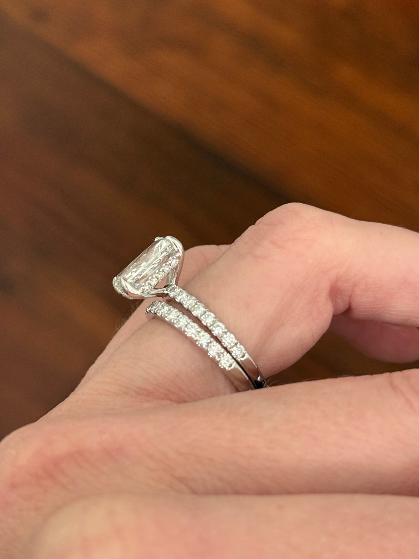 White gold radiant lab diamond ring. Center stone is IGI certified and 3.0cts E VVS2