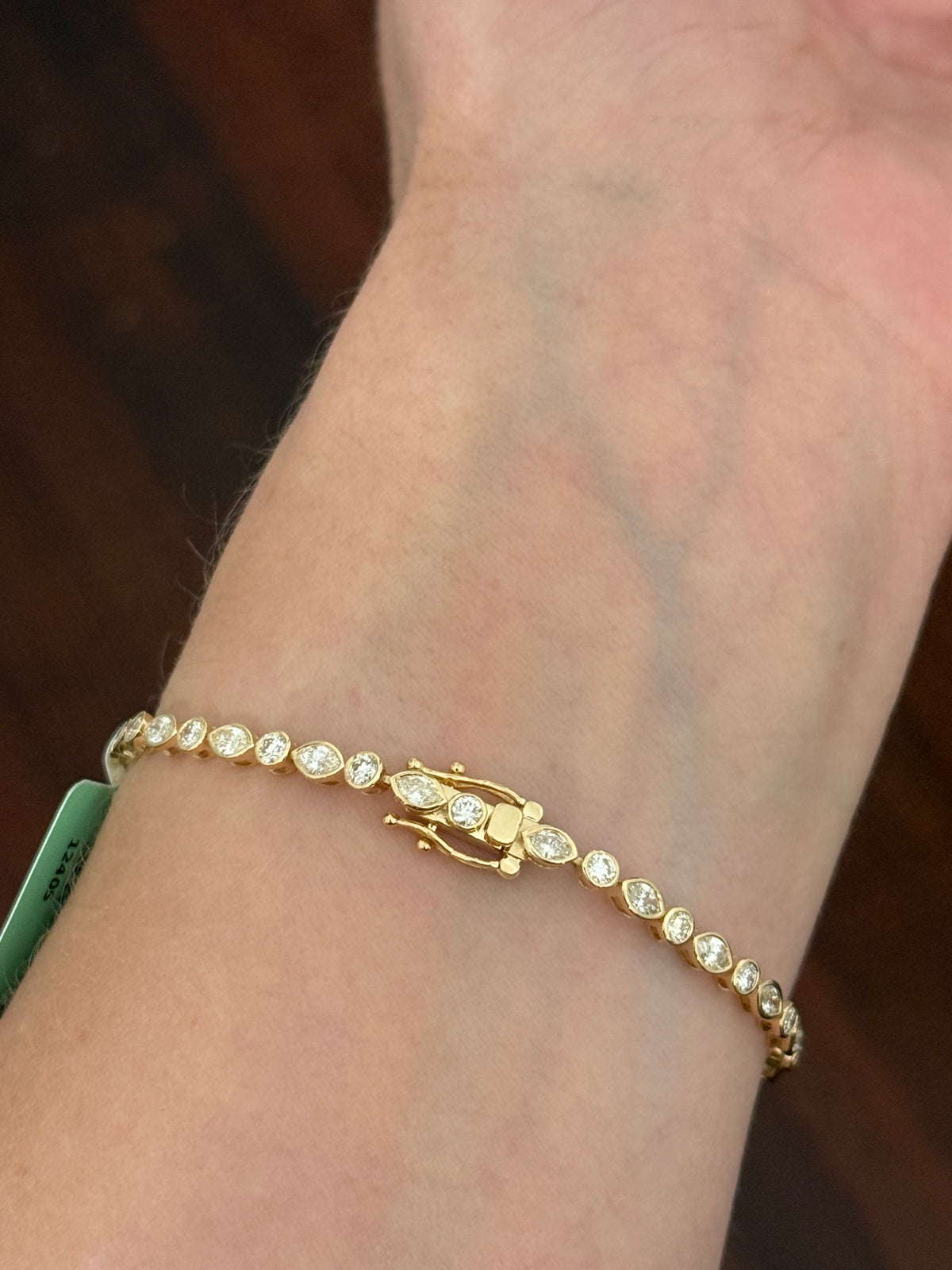Yellow gold bezel set 3.45ct marquise and round natural diamond bracelet