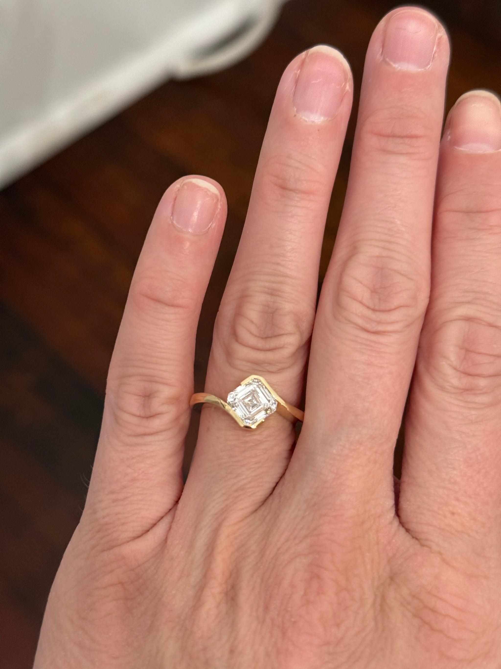 Yellow gold half bezel set IGI certified 2.07ct asscher lab diamond ring