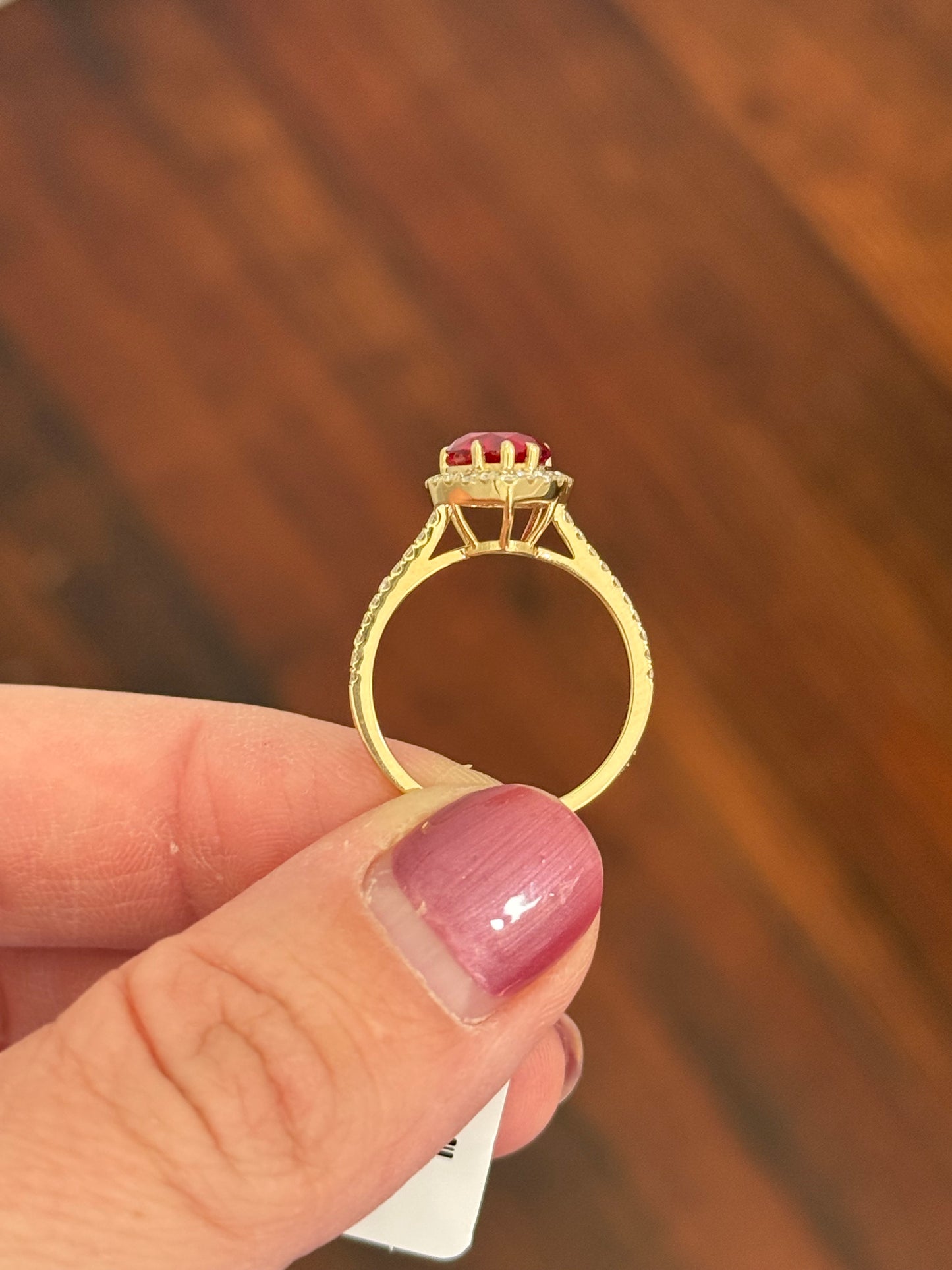 Yellow gold heart shape lab ruby and round lab diamond ring
