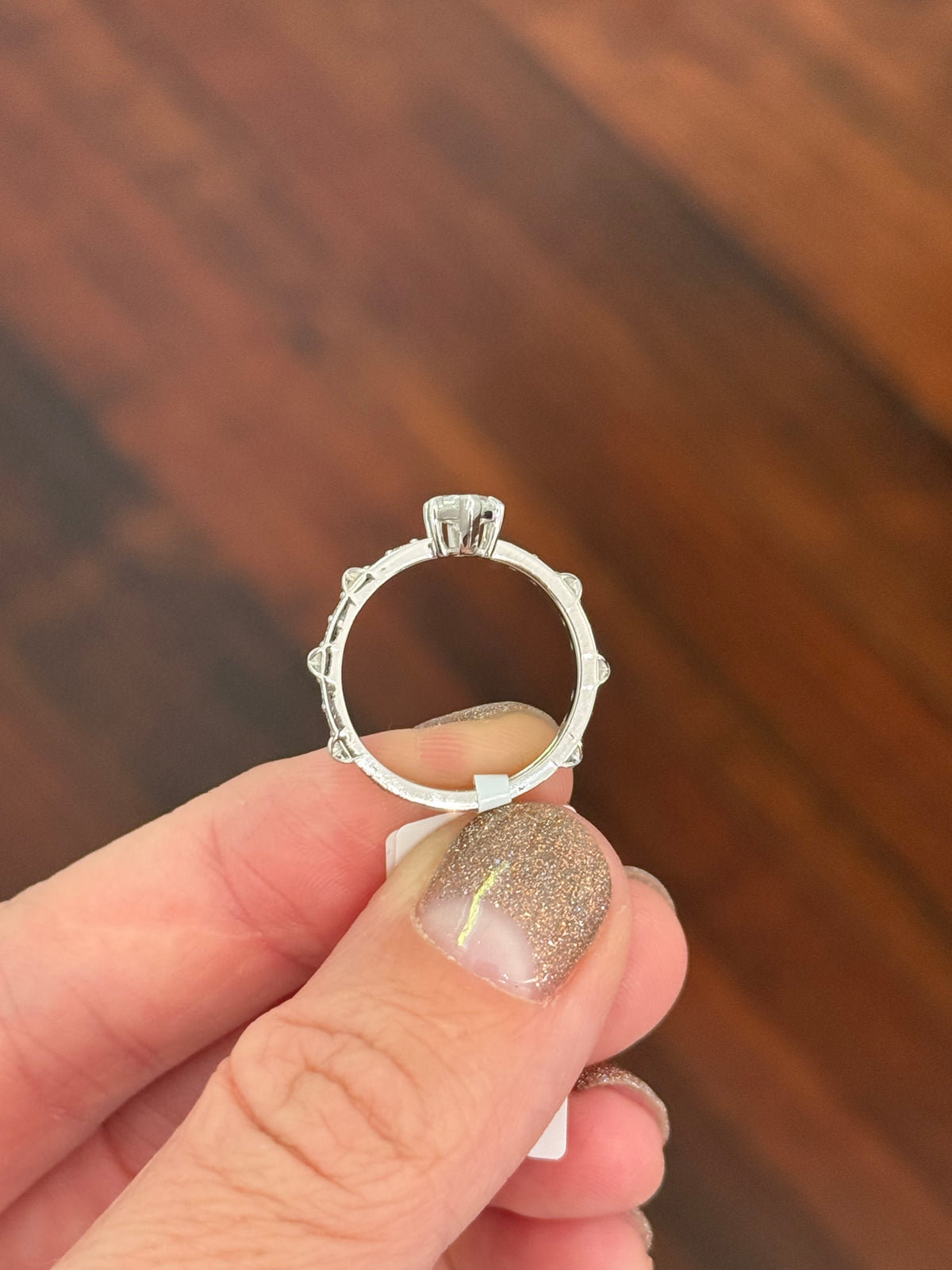White gold marquise and round lab diamond ring. Center stone is 1ct and approximately 12x4.6mm