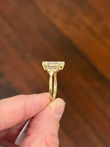 Yellow gold IGI certified 2.69ct step cut duchess cut lab diamond and marquise and round lab diamond ring. Duchess cut measures 12.69x6.28x4.05mm
