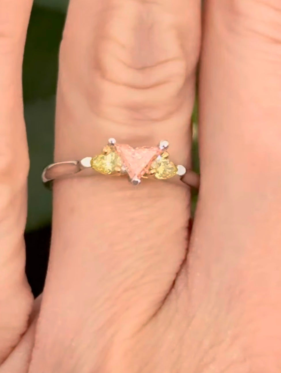 White gold pink and yellow lab diamond ring. Yellow lab diamonds are set in yellow gold.