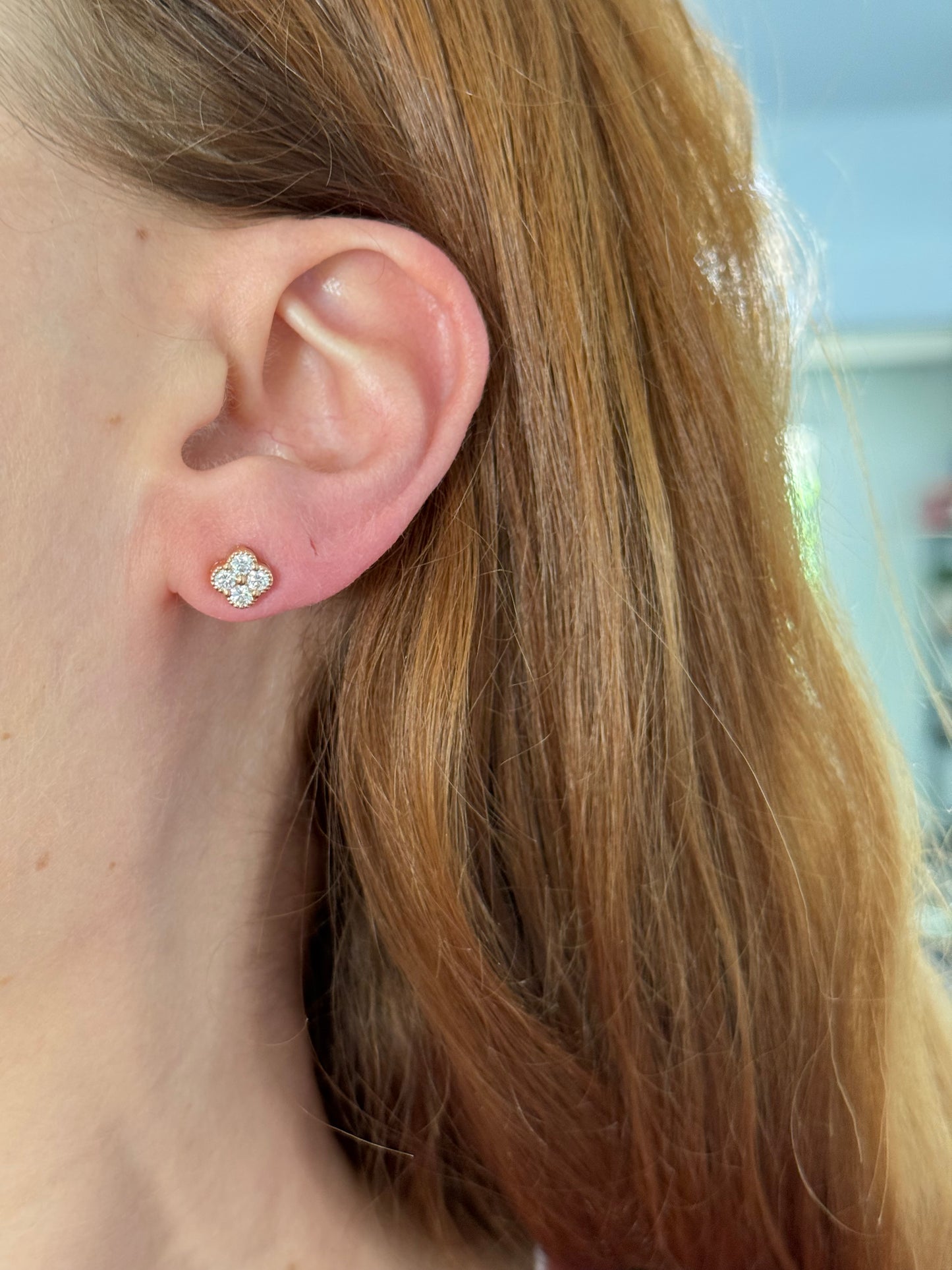 Lab diamond clover stud earrings available in white, yellow and rose gold