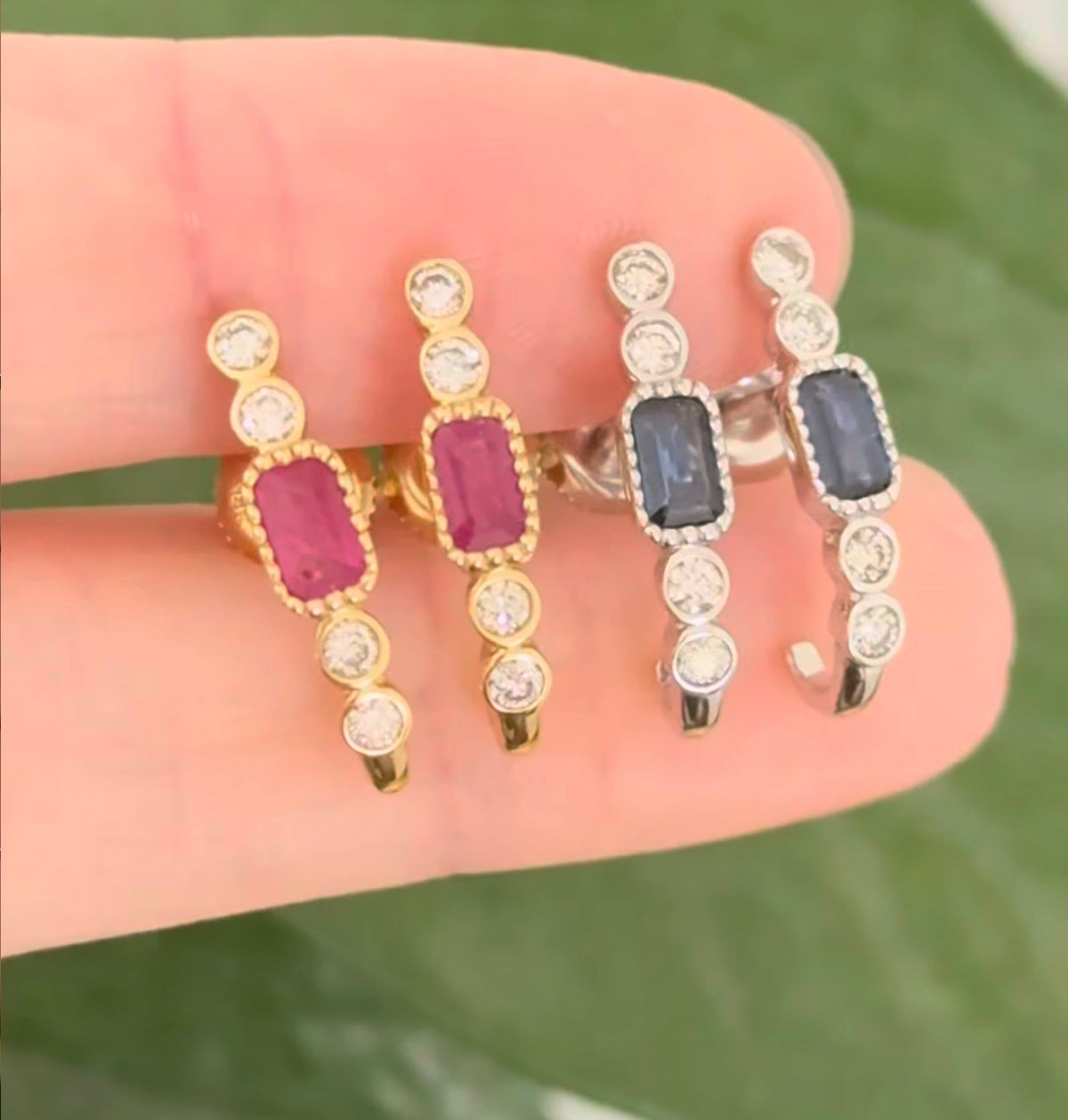 Natural diamond screw back earrings available in yellow gold with rubies and white gold with sapphires